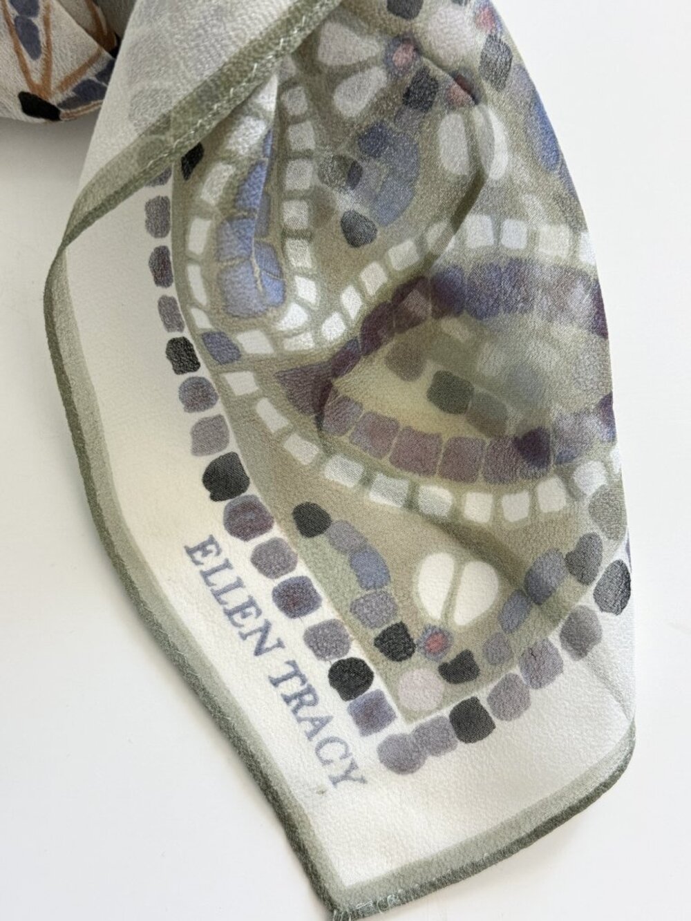 Ellen Tracy Green and White Silk Scarf, 32" Square - Picture 8 of 10